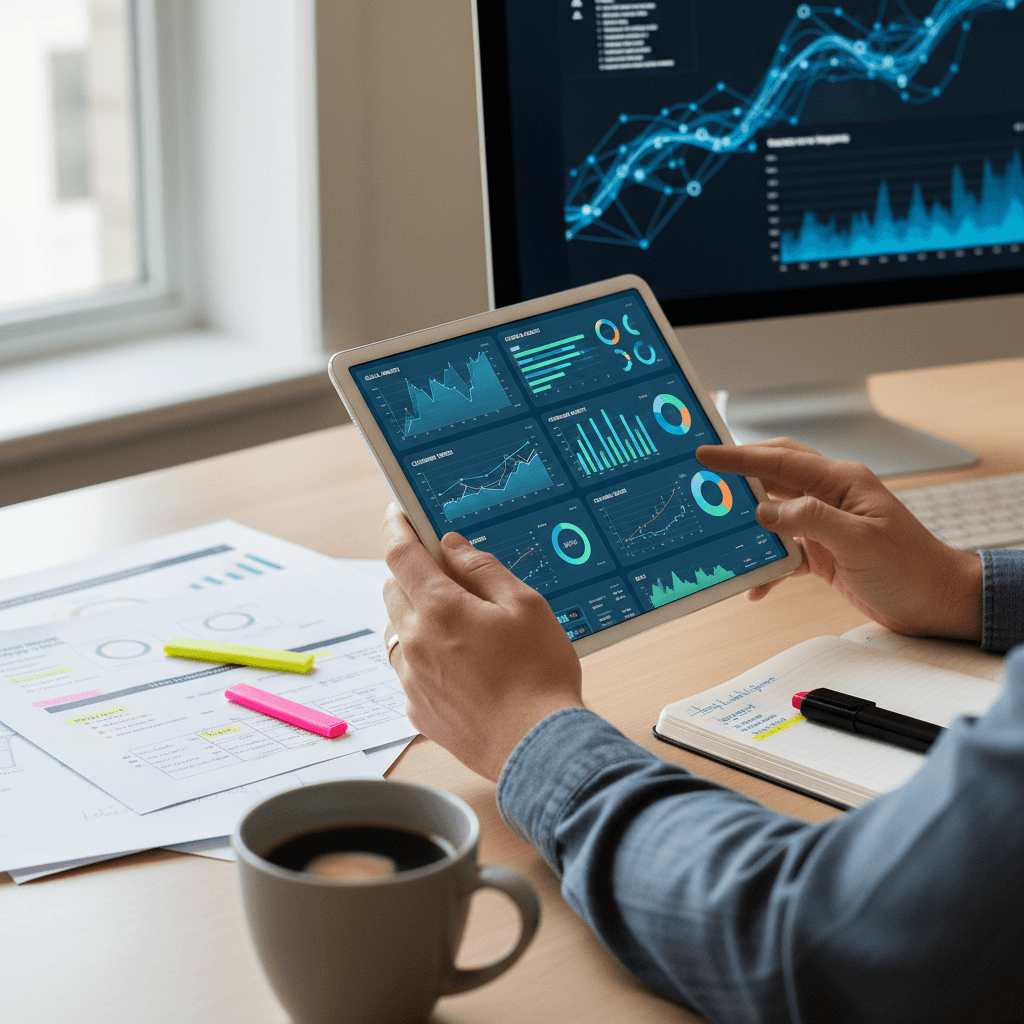 Researcher's hands holding tablet displaying market data dashboards at wooden desk with printed research reports and documents in natural light