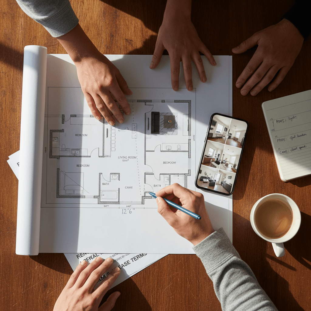 Close-up overhead view of diverse hands reviewing floor plans and property documents on wooden table with smartphone showing rental listings
