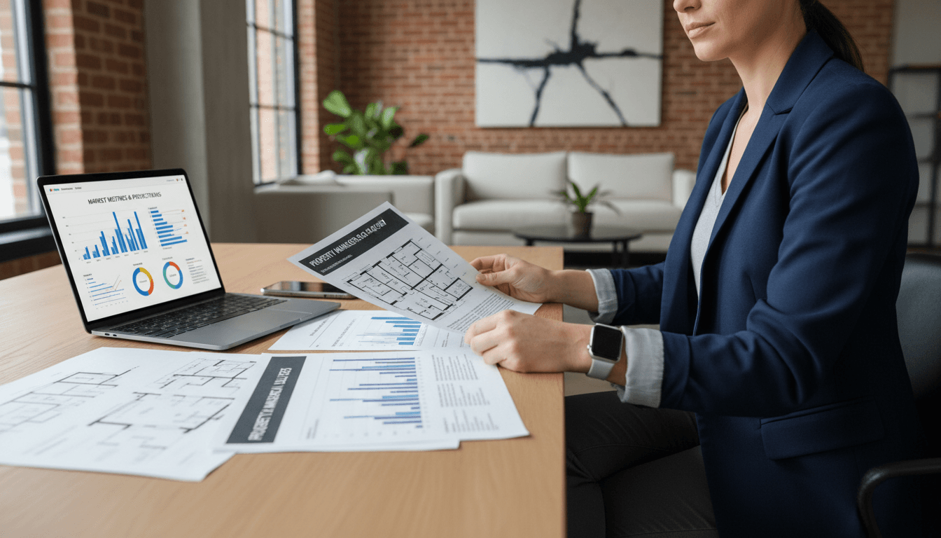 Professional investors reviewing real estate investment documents and market analysis