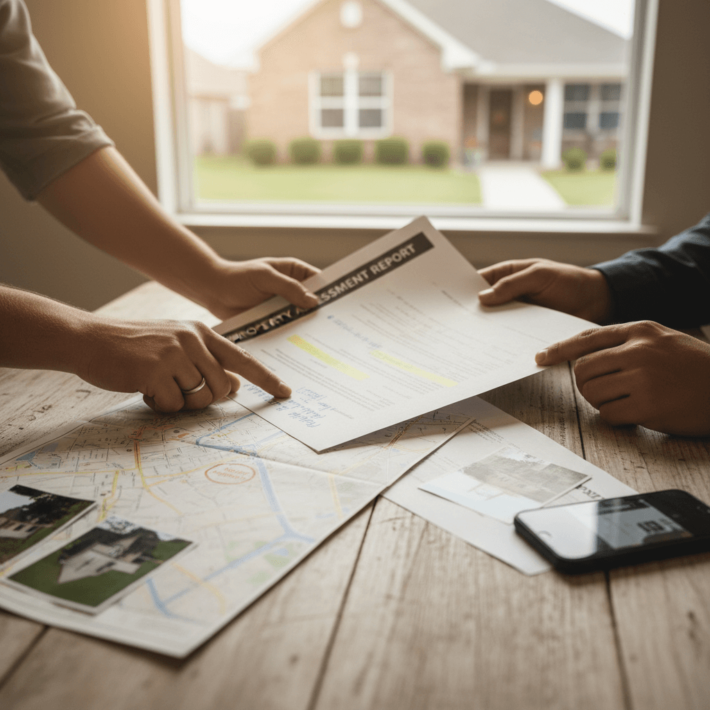 Investor hands examining property assessment report and neighborhood map during on-site property inspection visit