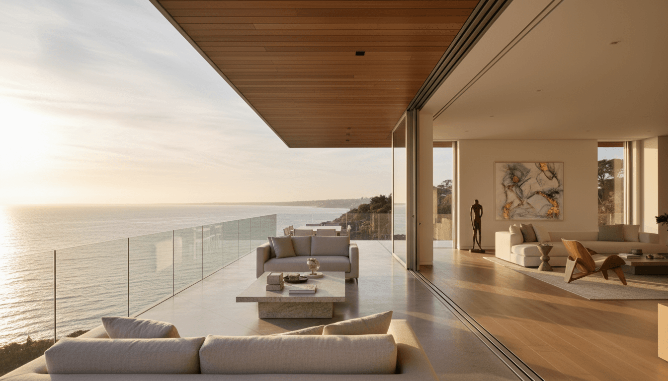 Luxurious waterfront terrace at golden hour with expansive ocean views, modern glass architecture, and minimalist seating
