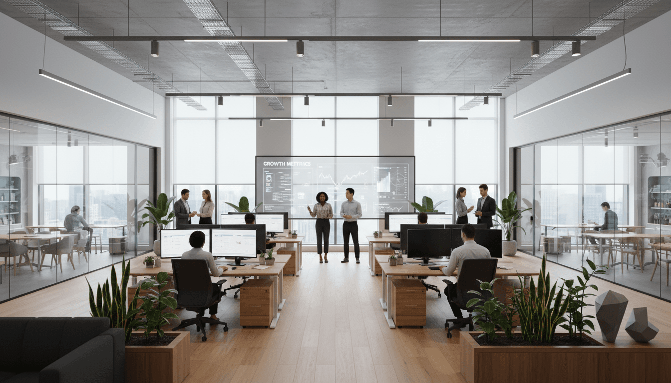 Institutional investment firm office with professional workspace and financial technology displays