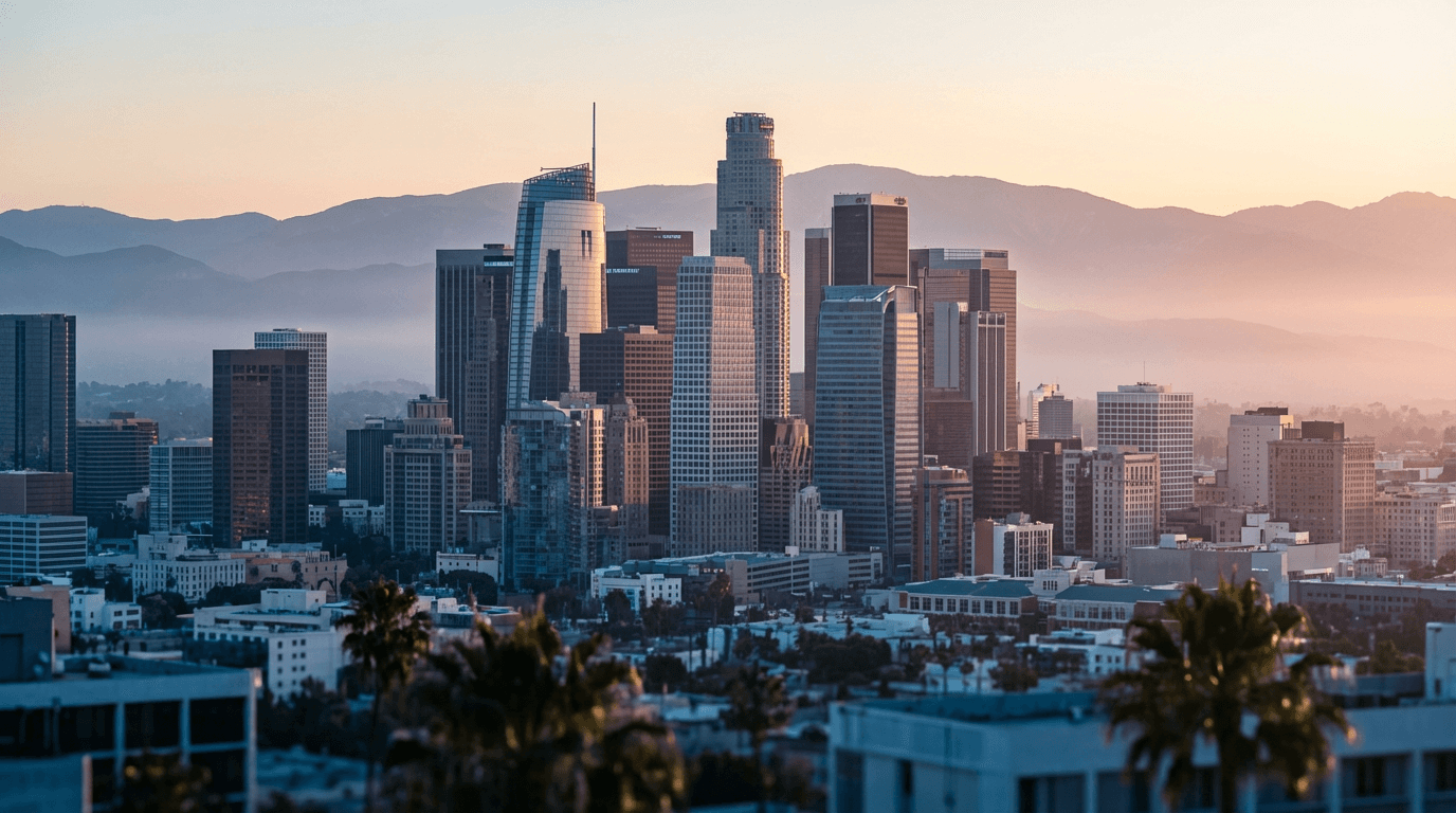 Downtown Los Angeles skyline at dawn with golden light on glass towers and distant mountains.