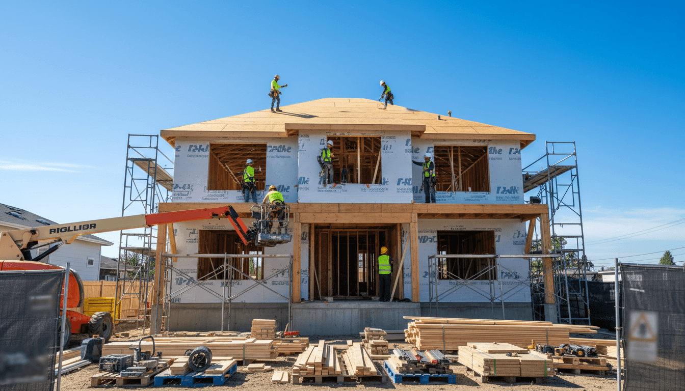 Multi-story residential renovation site with diverse construction crew working on framing and exterior finishing under clear daylight