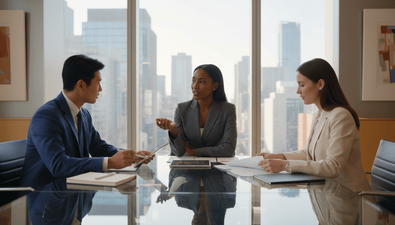 Three diverse corporate directors engaged in discussion around a glass conference table with urban skyline visible through office windows