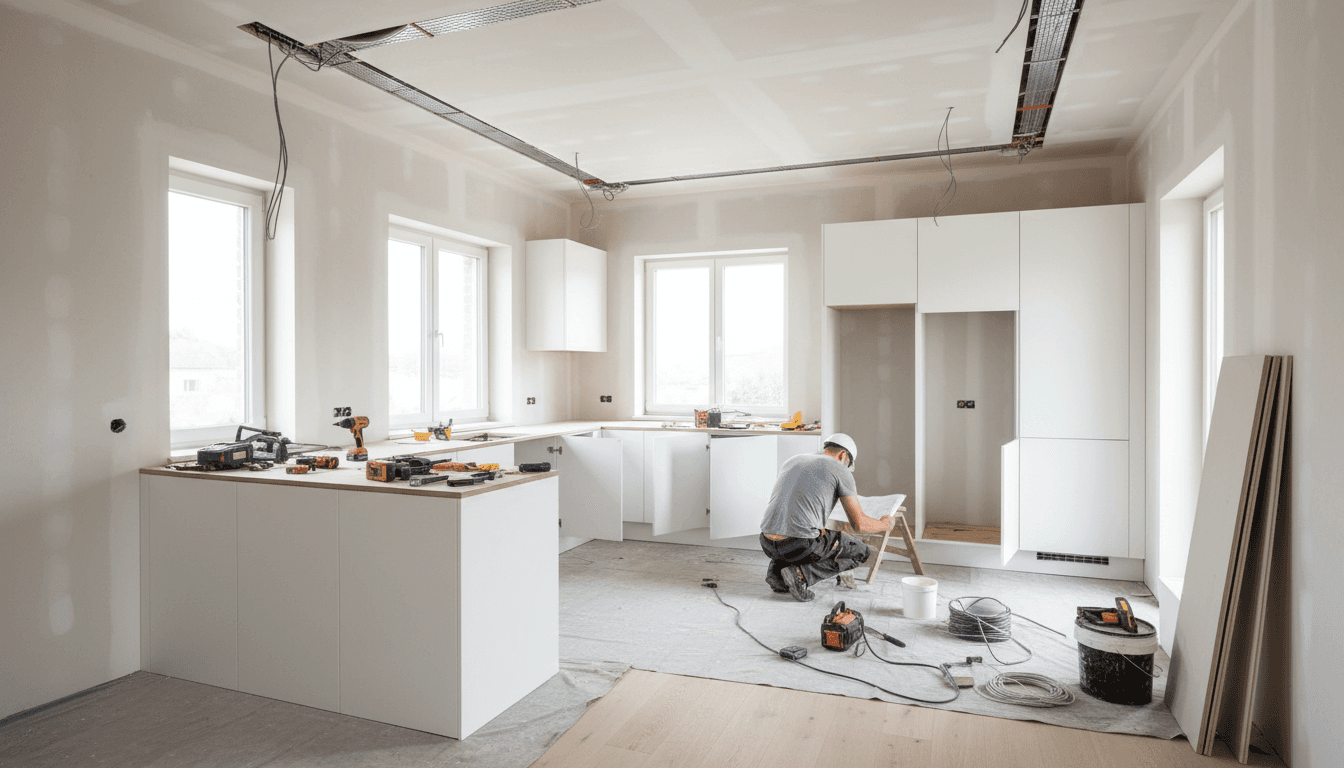 Contemporary kitchen renovation in progress showing new cabinetry, drywall, and worker during installation